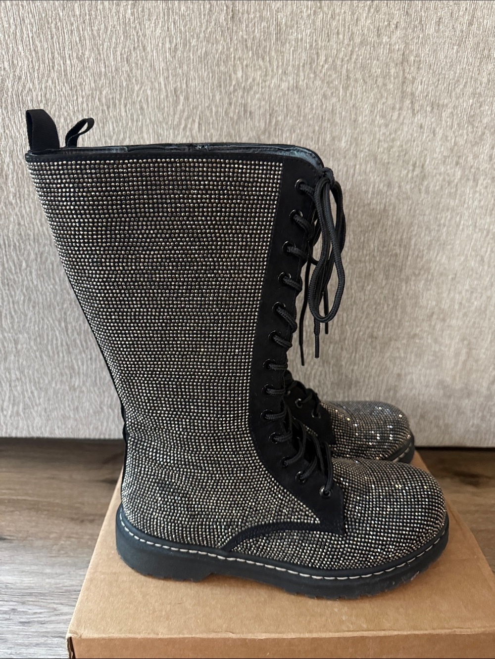 Torrid Betsey Johnson Knee High Embellished Silver Rhinestones Lace-Up Boots - Picture 7 of 16